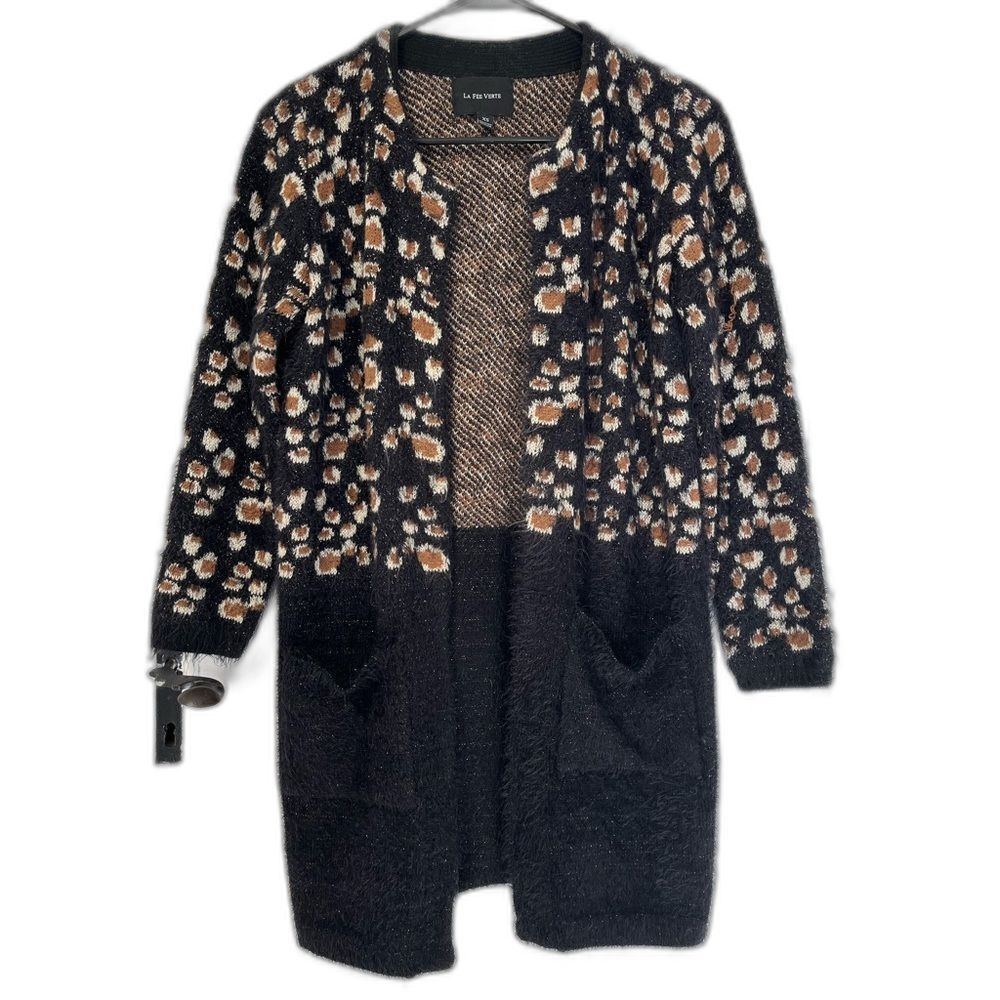 Anthropologie La Fee Verte Animal Print open front cardigan with pockets size XS